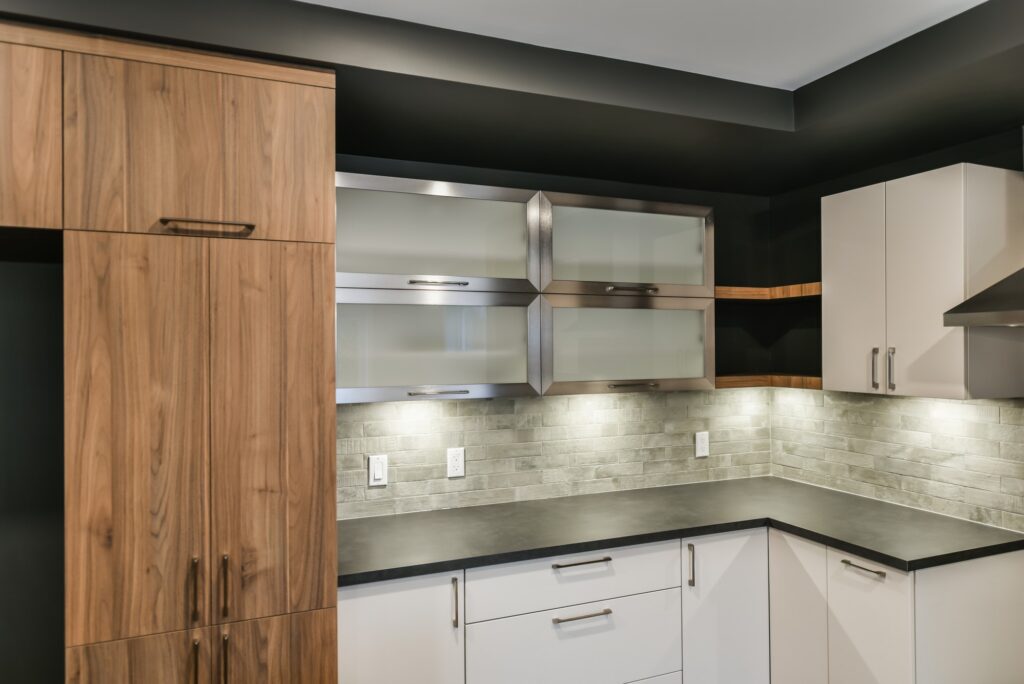 Contemporary kitchen cabinet ensemble with different colors and textures
